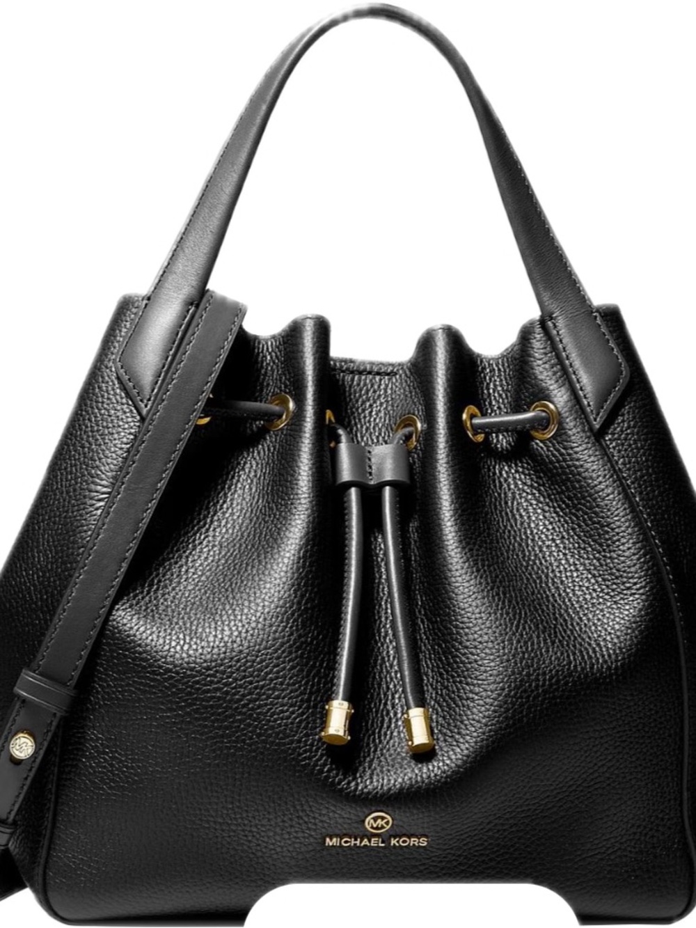 Michael Kors Black Pebbled Phoebe, Leather Drawstring Shoulder Bag Gold Hardware